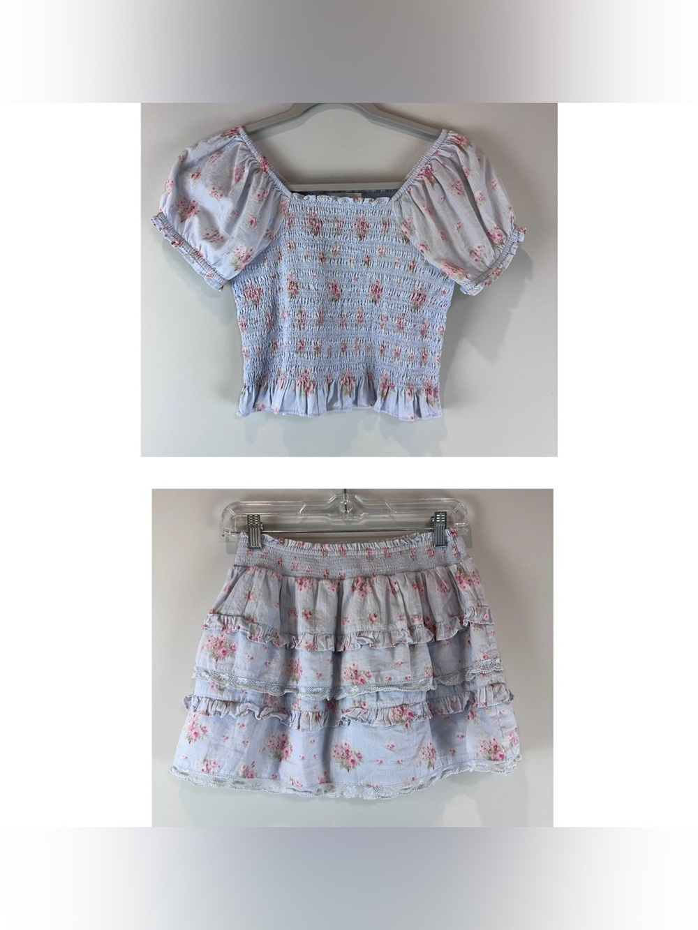 LoveShackFancy Girl/ Blue Floral Puff Sleeve Top Tiered Skirt 100% Cotton Set 14